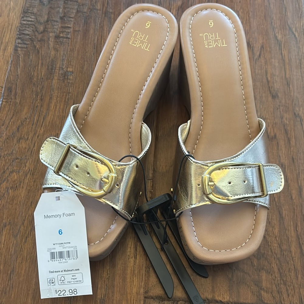 NWT Gold & Tan Wedge Sandals